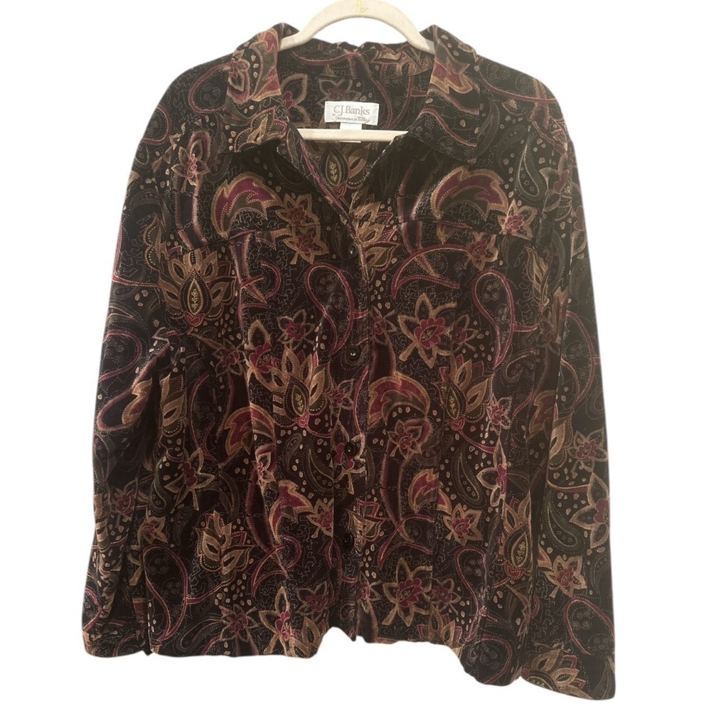 Crushed Velvet Vintage Paisley Jacket Brown Burgundy Gold Whimsigoth Sz 1X - Picture 2 of 14